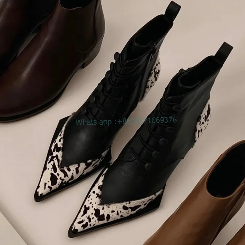 

Women Leopaed Pointed Toe Knight Boots Retro Leather Lace Up Low Chunky Heel Ankle Boots Lady Fall Shoes Gladiator Design Zip