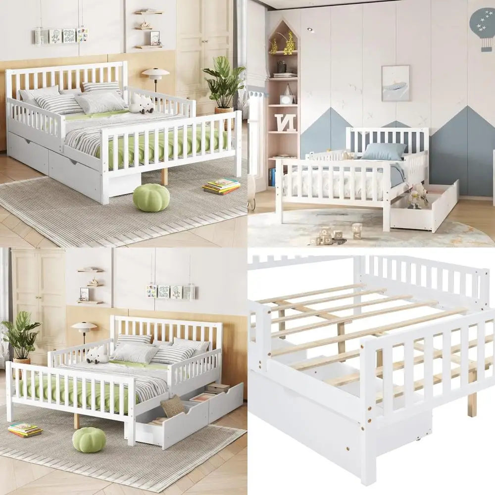 White Full-Size Kids Bed Frame with Storage, Wood Bed Frame for Boys & Girls, Headboard & Footboard Included, No Box Spring Need
