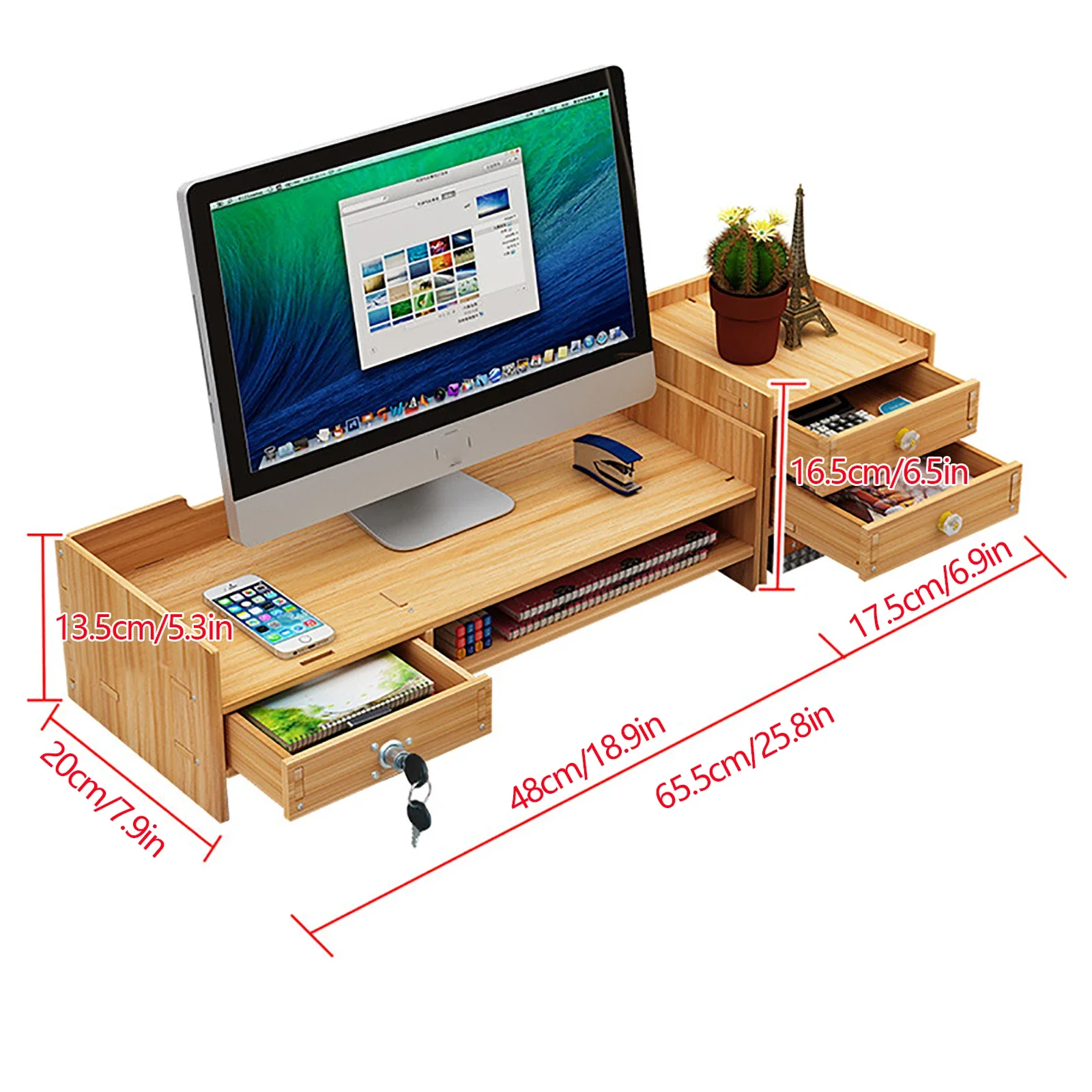 Bureau de rangement en bois, support d'ordinateur, rehausseur de moniteur, évaluation W, MELFile