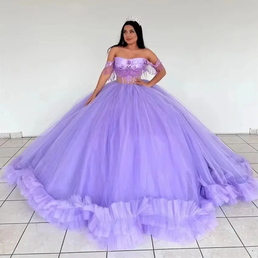 ANGELSBRIDEP Lavender Quinceanera Dresses Beading Ruffles Off-Shoulder Vestidos De 15 Anos Birthday Party Ball Gown Customized