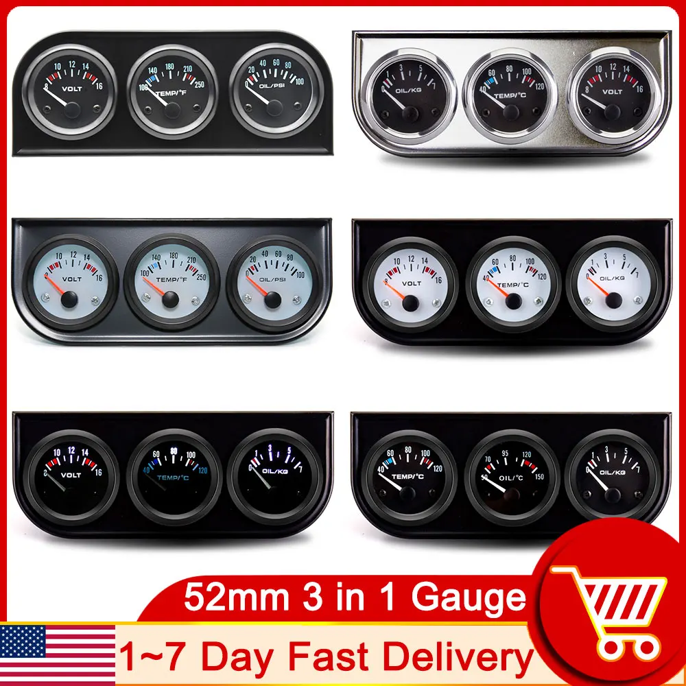 52mm araba göstergesi 3 In 1 yağ basınç gerilimi/su sıcaklığı/yağ sıcaklığı siyah krom çerçeve üçlü metre sensörü 10mm 1/8NPT