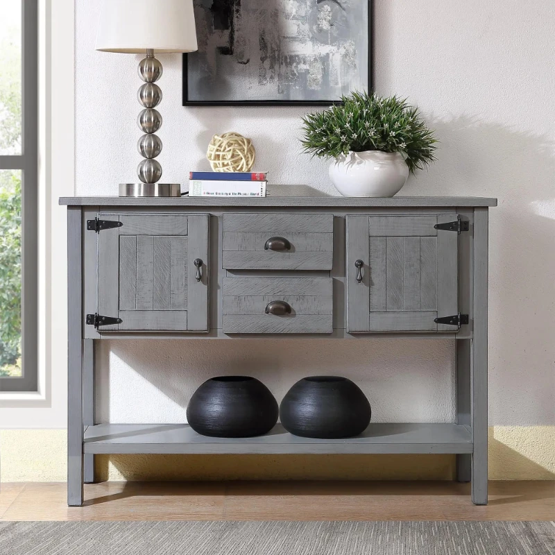 48'' Solid Wood Sideboard Console Table with 2 Drawers and Cabinets and Bottom Shelf, Retro Style Storage Dining Buffet Server