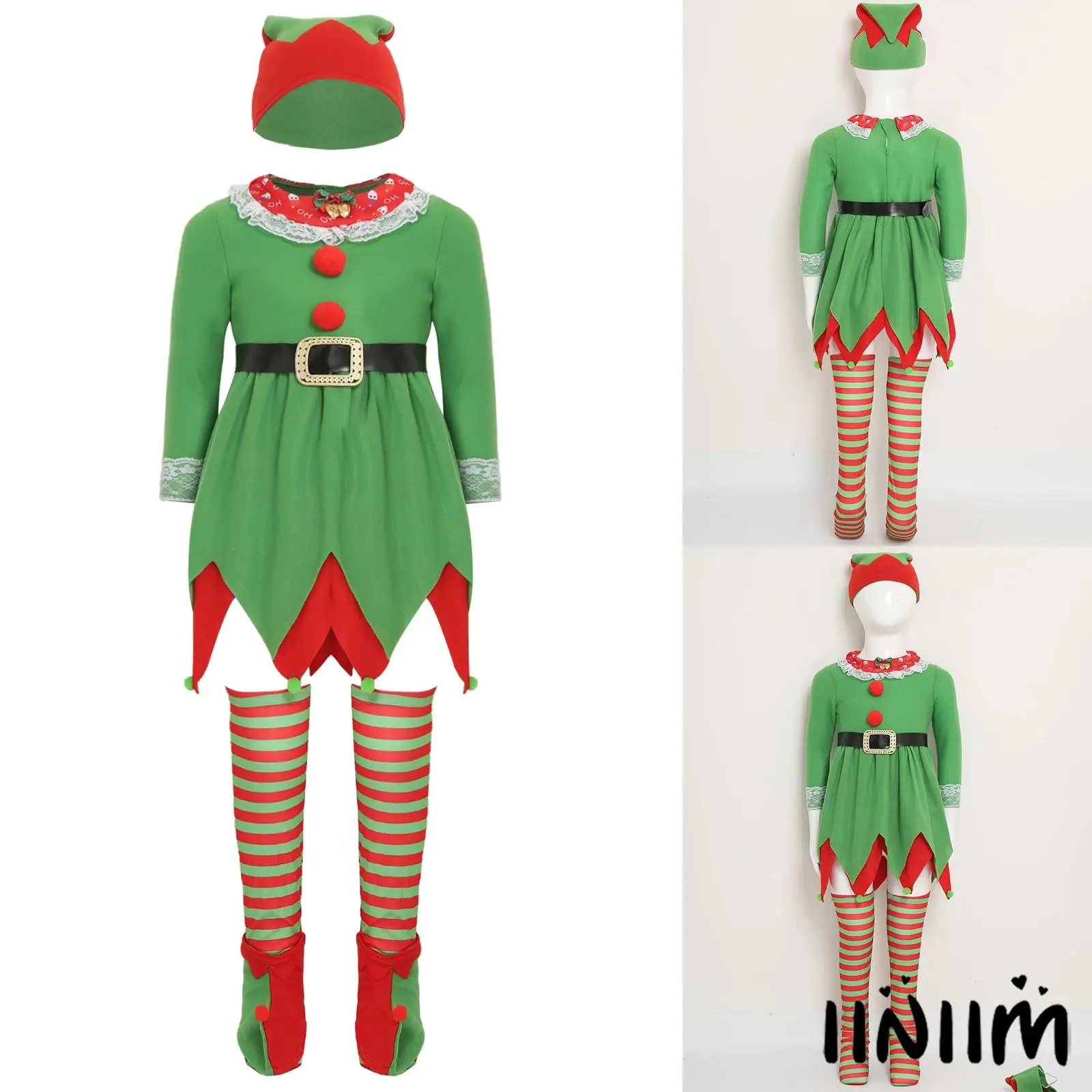 

Fashion Christmas Elf Dress Costume Set for Girls with Lace Trim And Bell Adornments 5 Piece Xmas Outfit for Holiday Parties