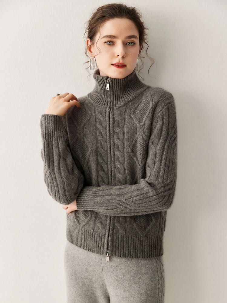 

Женский свитер, толстый кардиган с воротником-стойкой, пальто, осень-зима, высокое качество, 100% кашемировый свитер, простой стиль, молния