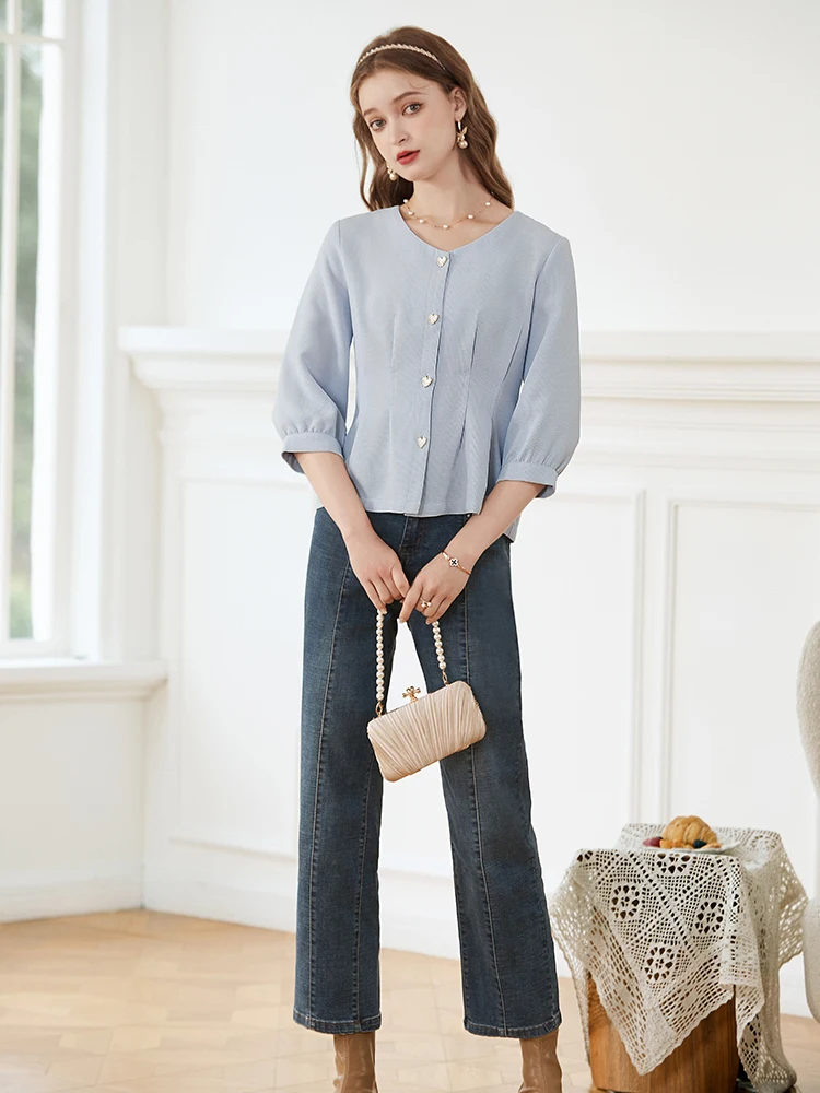 I BELIEVE YOU 2023 Blue French Shirt for Women V-neck Half Sleeve Autumn New Tops Slim Office Lady Shirt & Blouse 2233055199