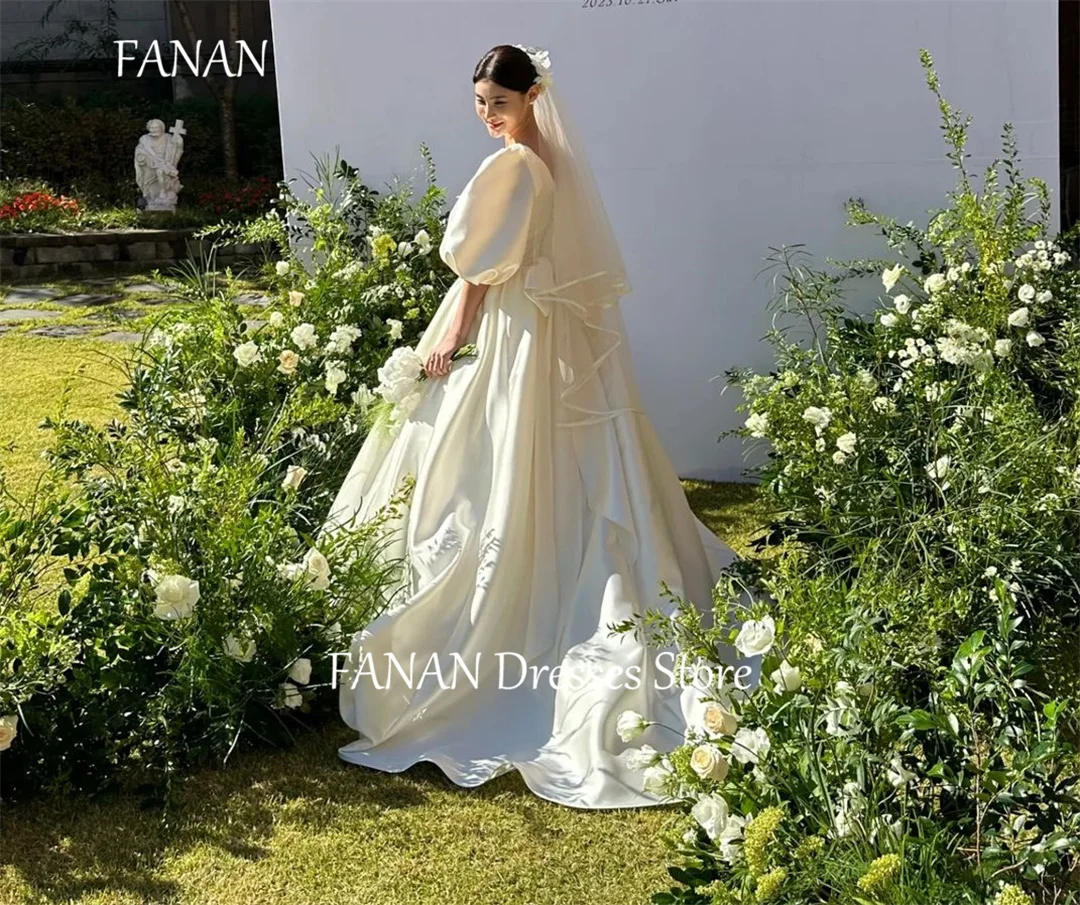 FANAN Korea Square Collar Wedding Dresses A-Line 웨딩드레스 Ivory Puff Sleeves Satin Custom Made Vintage Bride Gowns Plus Size