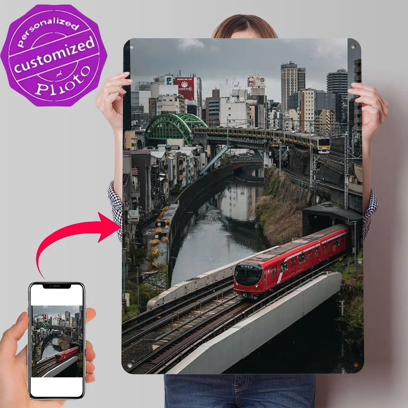 Red Train Crossing a Bridge in Tokyo Tinplate Poster Customized Wall Art Retro Vintage Metal Signs for Fans Luxury Home Decor