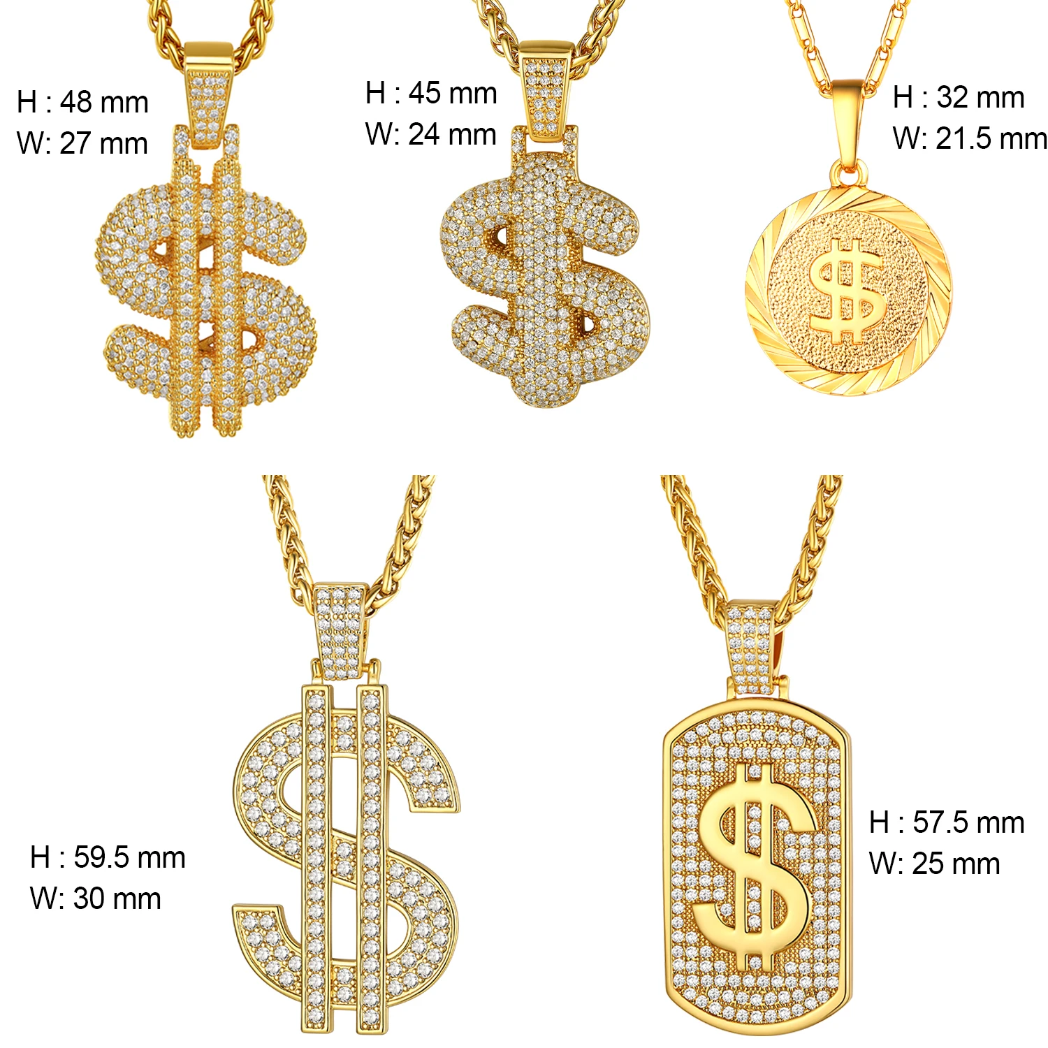U7 US Dollar Sign Necklaces for Man Woman White CZ Paved Setting Size S/M/L Dollar Sign Pendant Gothic Hip Pop Jewelry Gift