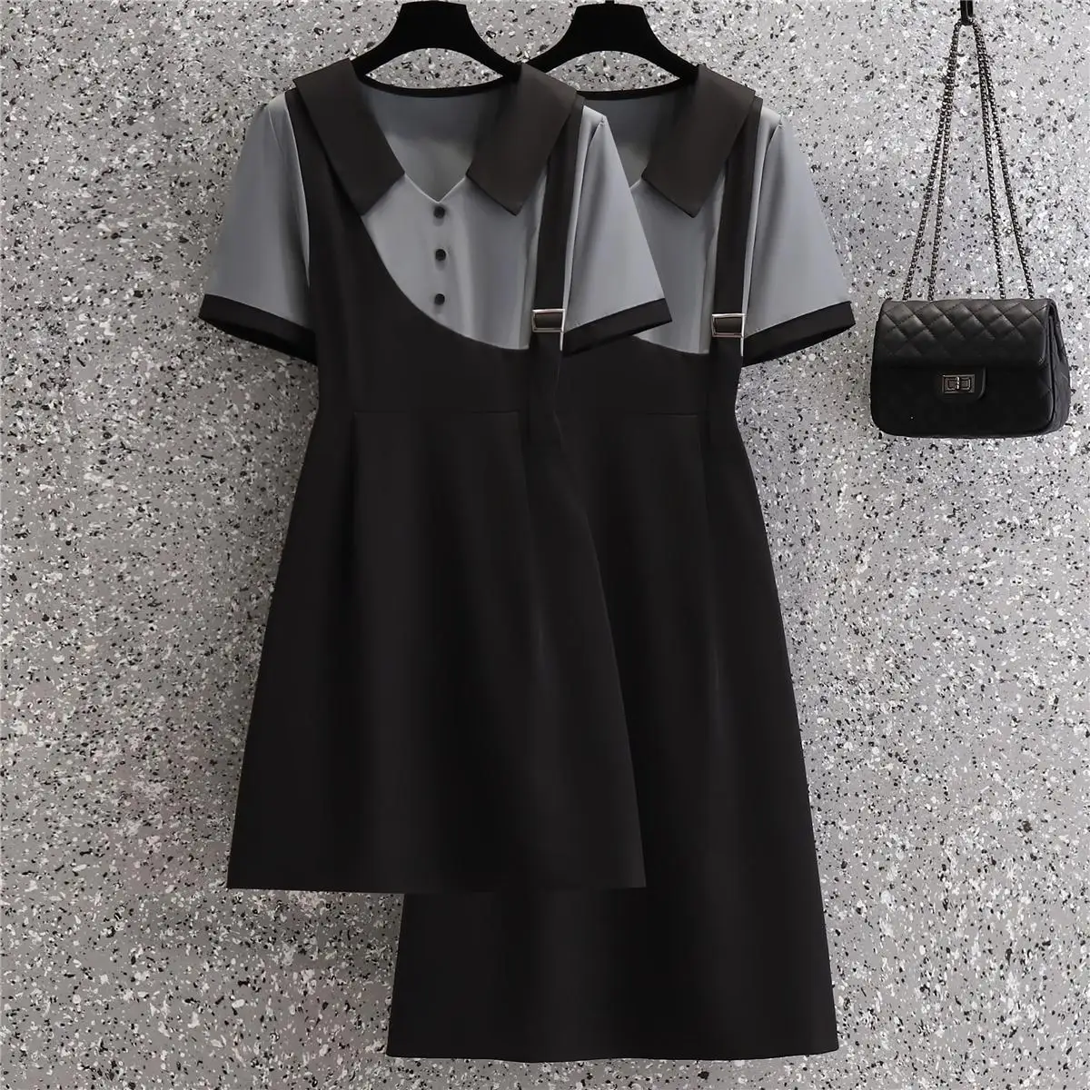 

Women Fake Two Piece Strap Dress Short Sleeve Peter Pan Collar Patchwork Fashion A Line Dresses Summer Female Clothes 2022
