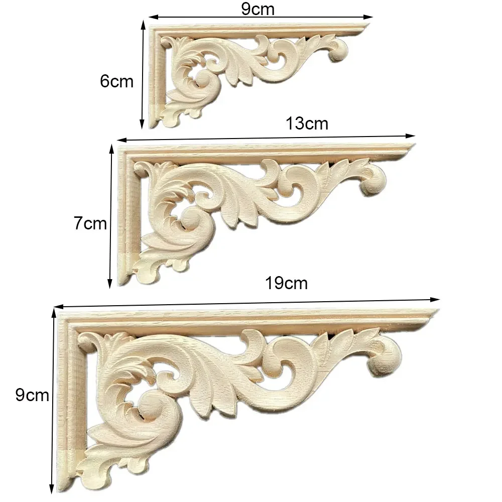 4PCS 9-19cm Vintage Unpainted Wood Carved Corner Onlay Applique Frame Decorate Wall Door Furniture Figurine Wooden Miniature