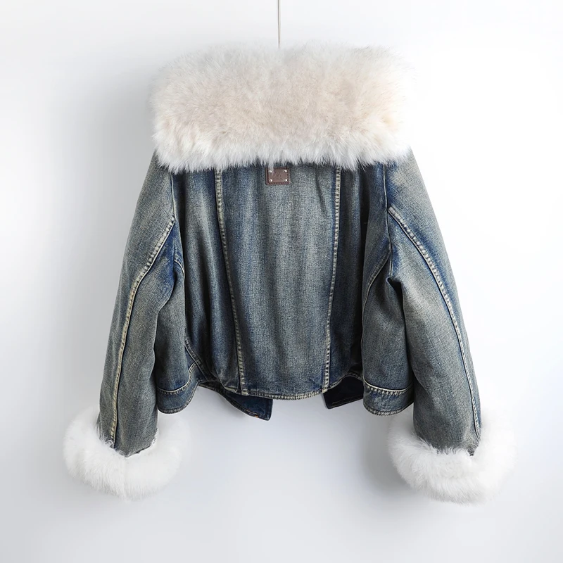 Autumn Winter Fashion Removable Fox Fur Collar Warm Down Liner Denim Jacket Women Casual Cowboy Outwear Loose Short Jeans Jacket
