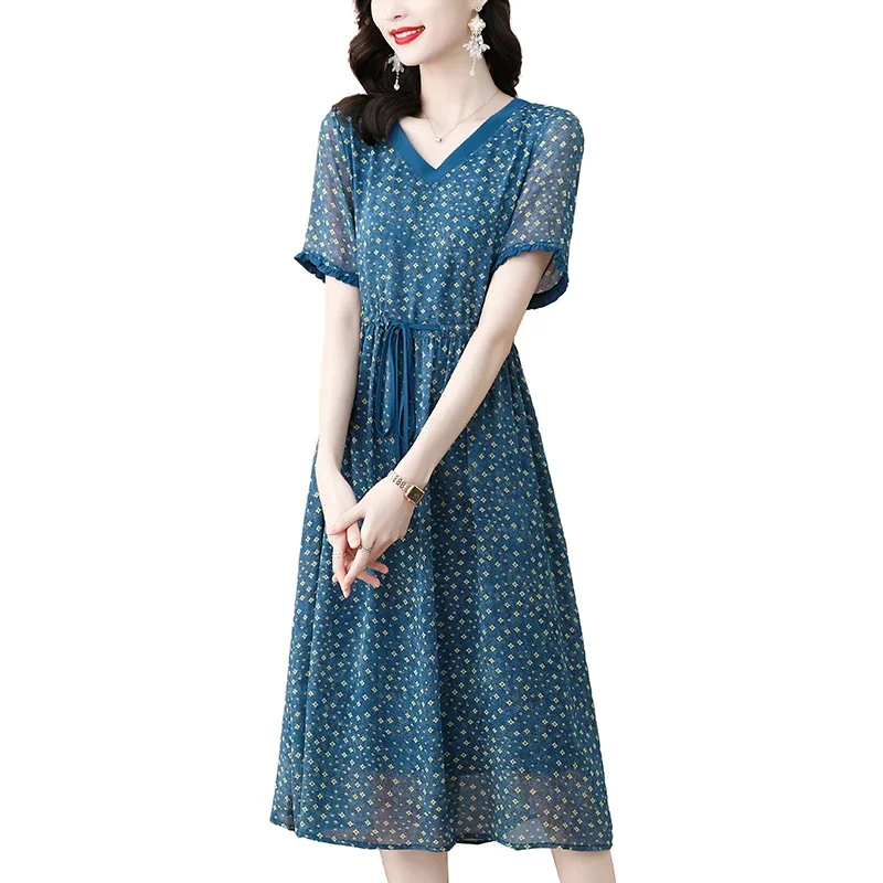 Robe marine en mousseline de soie, mode française, mi-longue, nouvelle collection printemps et été 2021, robes élégantes à volants, couleur unie, décontractées