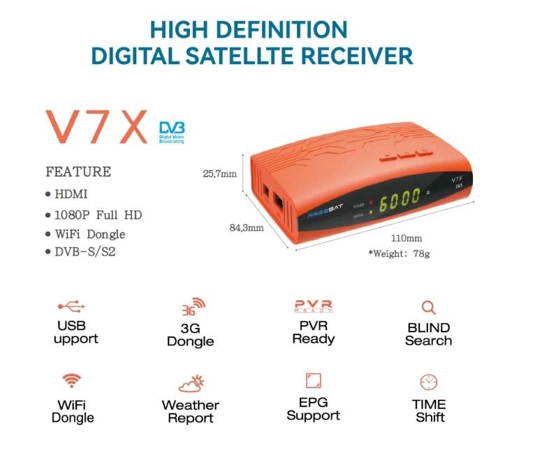 [حقيقي] Freesat V7X DVB-S/S2 استقبال الأقمار الصناعية 1080P Full HD H.264 MPEG-4 دونغل CVBS PowerVu LNB PAL/NTSC funcam فك
