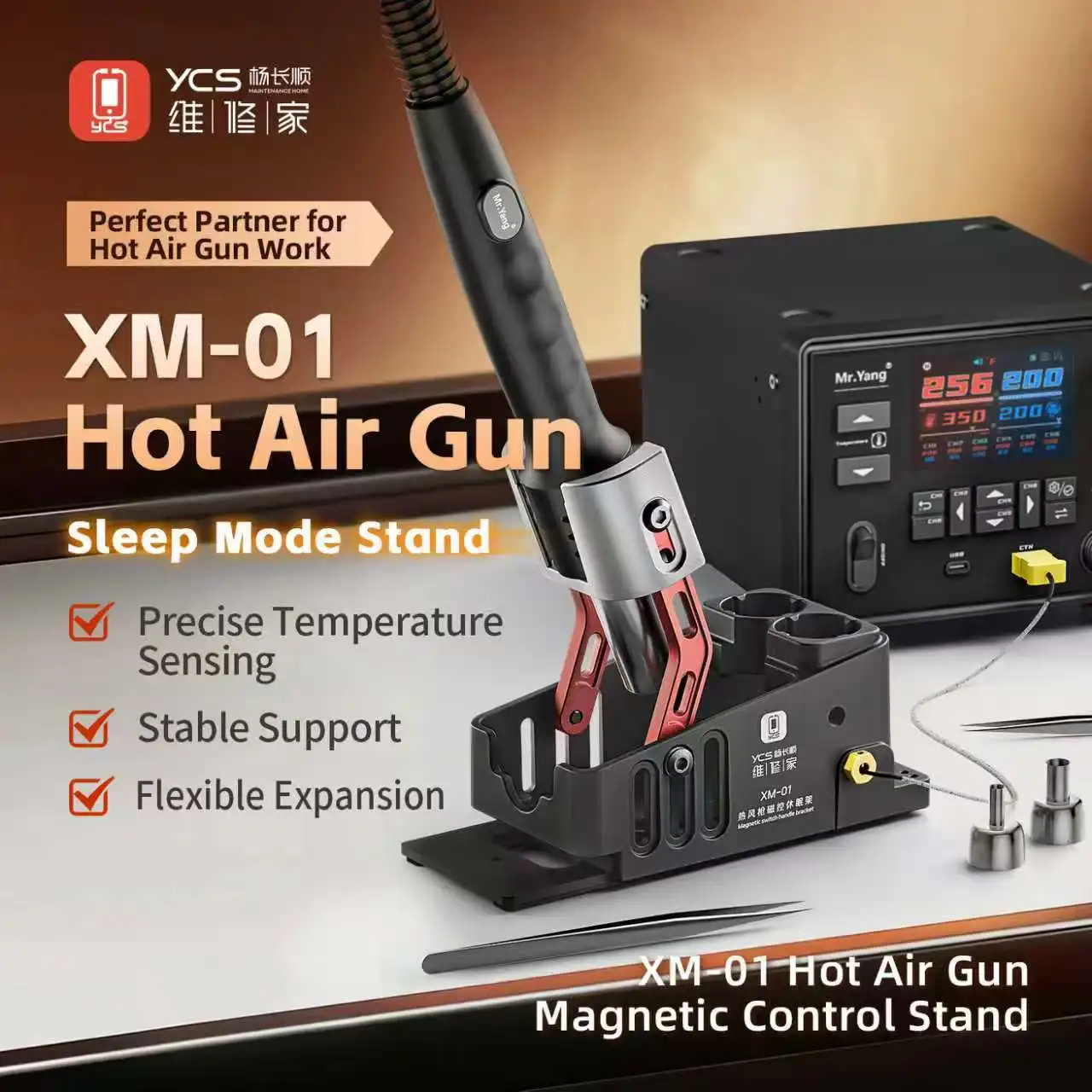 YCS Intelligent Hot Air Gun, with a Temperature Probe on the Gun Stand, Suitable for Motherboard Circuit Board Repair.
