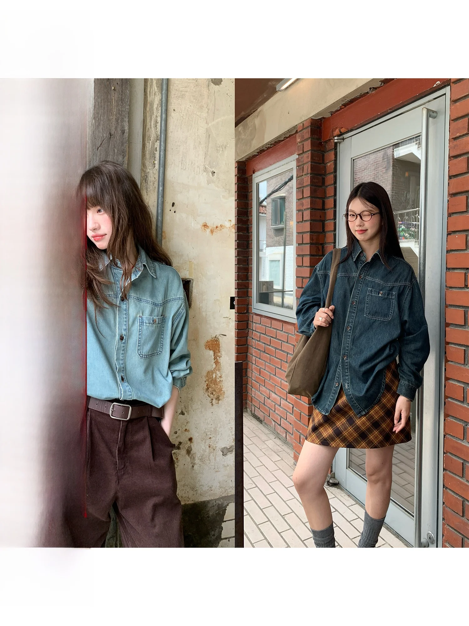 

RAINY American Casual High nce Denim Long Sve irt Spring Autumn Women Waed Vintage irt Top Loose Fit Neutra...