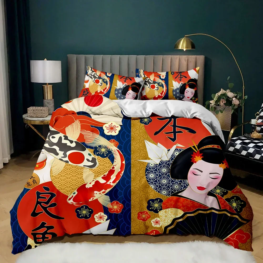 Koi Fish Duvet Cover Geisha Feeding Beast Autumn Time Culture  Vibes Bedroom Decorative Japanese Style for Women Friends Gifts