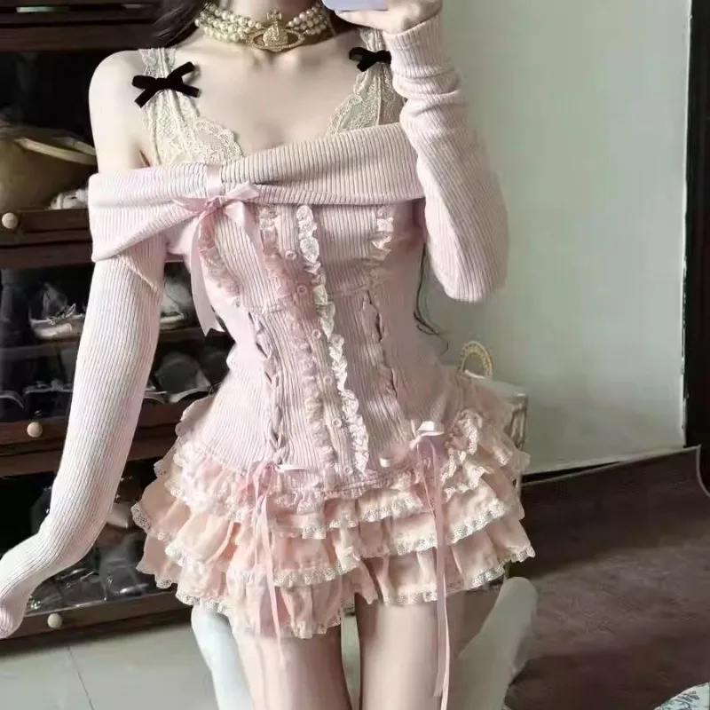 Sweet Cute Girl Spliced Lotus Leaf Edge Waist Cinching Slim Slash Neck Top High Waist Cake Skirt Two Piece Sets Pink New Clothes