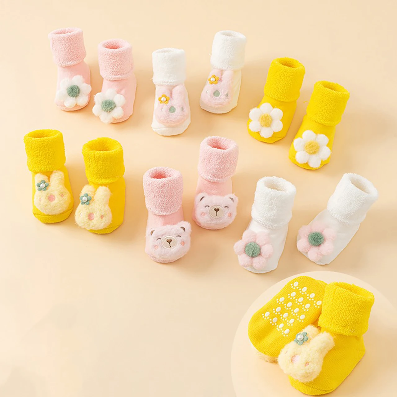 Fur Dolls Baby Floor Socks Cute Cartoon Toddler Walking Sock 0-1Year Kids Winter Thermal Footwear Anti Slip Newborn Plush Socks