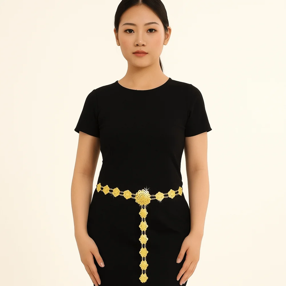 

Metal Thai Belly Waist Chains Bell Tassel Hollow Out Flower Necklace Gold Single Circle Dance Dress Belt Chains Party Decoration