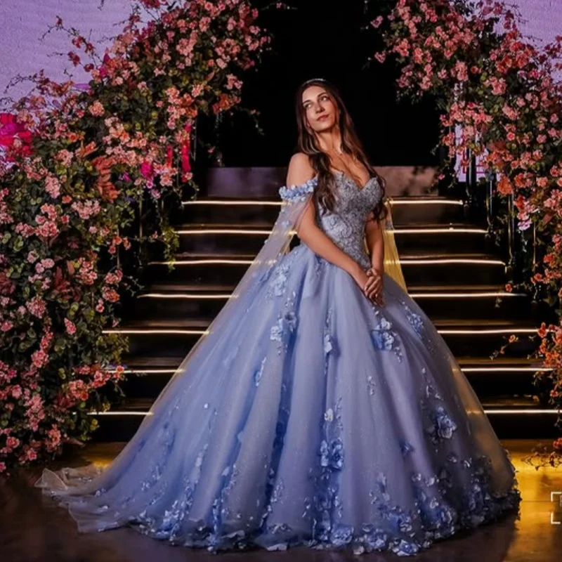 

Customized Blue Quinceanera Dresses Off the Shoulder decal Tull Lace 3D flower Long tail Vestido 15 Quinceanera