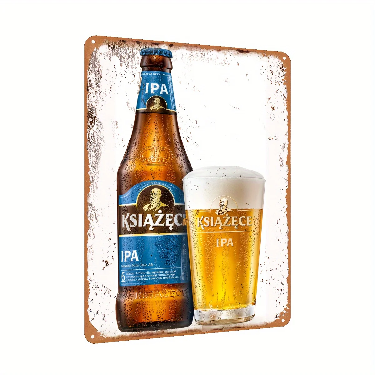 Książęce IPA Vintage Tin Metal Sign - Rustic Beer Wall Art with Distressed Edges, Polish Brewery Decor for Home Bar, Pub, Resta
