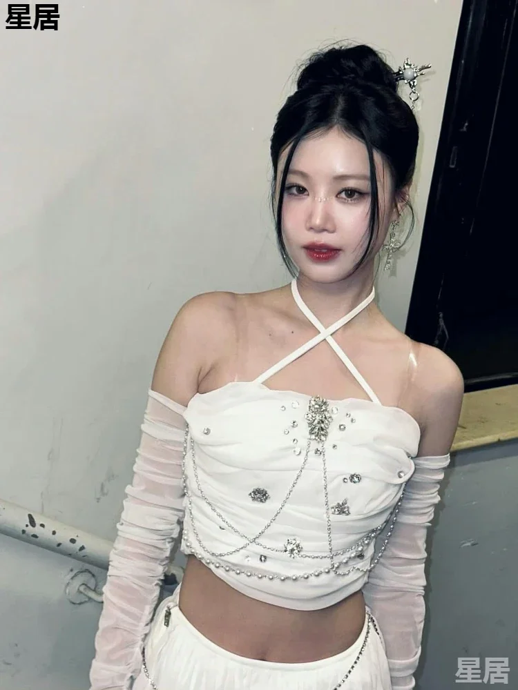 Koreanische Jazz Outfits Frauen Sänger Shiny Halter Tops Unregelmäßige Röcke Tanz Kleidung Kpop Nachtclub Dj Bühne Leistung Kostüme