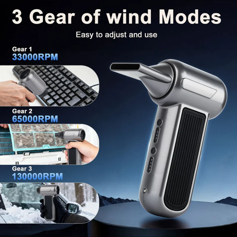 

Высокоскоростной бесщеточный турбовентилятор 130000 об/мин с 3 регулируемыми скоростями, перезаряжаемый электрический воздуходув для удаления пыли и снега