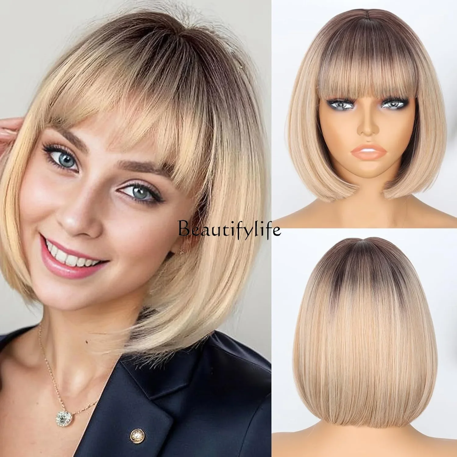 

Short hair wig Bobo head, fashionable natural air bangs fashionable full headgear chemical fiber