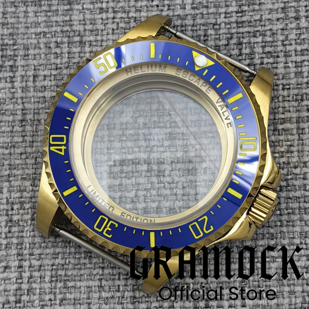 جراموك 44 ملم للرجال ذهبي كامل/ذهبي وردي DEEP SEA Homage Big Sapphire Watch Case إطار سيراميك مناسب NH34 NH35 NH38 ETA2824 PT5000