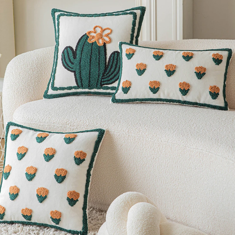 30X50/45x45CM Flower Embroidery Throw Pillow Cover Cactus Plush Living Room Sofa Cushion Cover Decorative Home Pillowcase