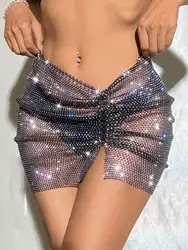 2024 Summer Rhinestone Fishnet Skirt For Women Sexy Hollow See Through Side Split Mini Skirt Beach Party Club Clothing