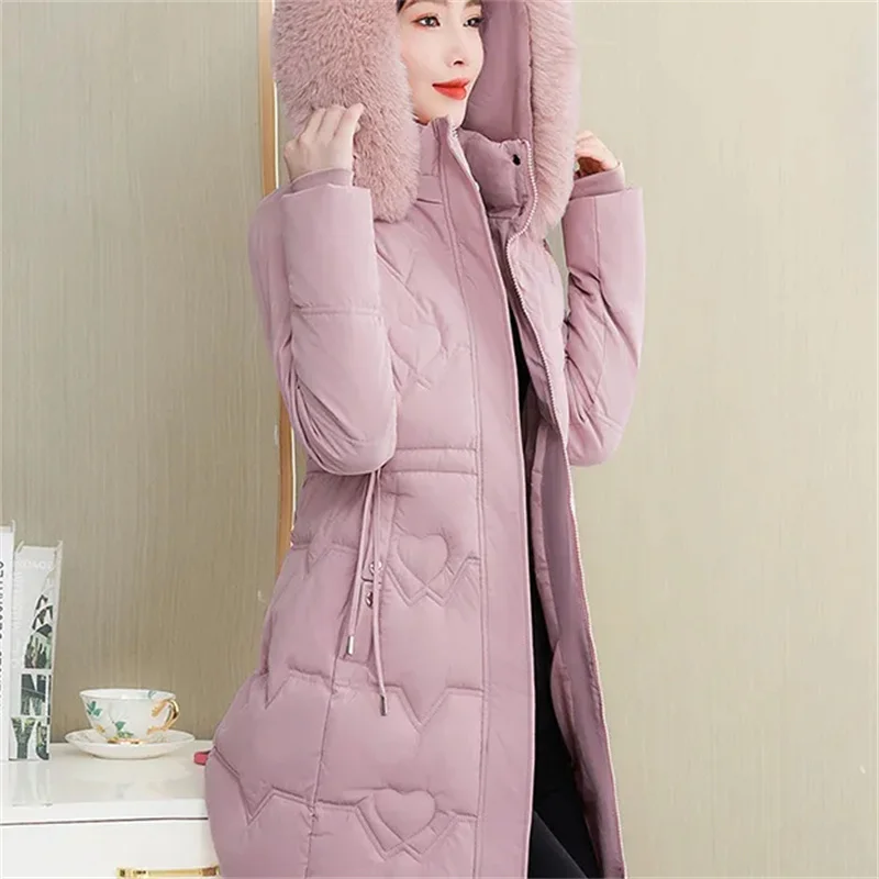 2023 Winter Parkas Women Cotton-Padded Jacket Women\'s Fur Collar Cotton Liner Jacket Slim Long Thick Coat Hooded Female Green