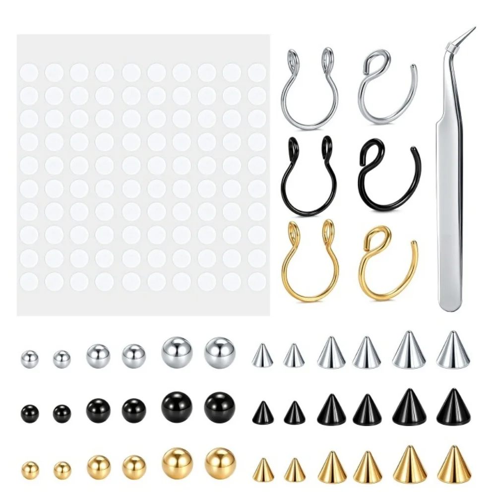 Fake Non Piercing Body Jewelry Set Fake Nose Cuffs Faux Lip Eyebrow Piercings Spare Balls Spikes with 100Pcs Adhesive Stickers