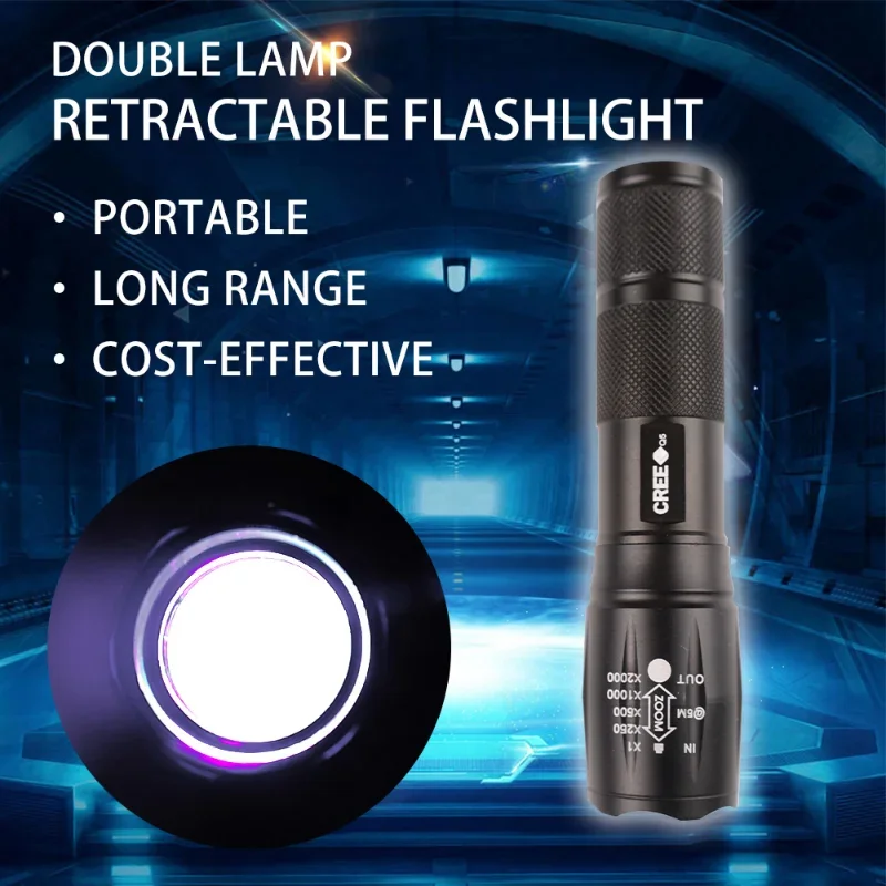 Dual Light Source Zoom Flashlight LED Purple Light Lamp Banknote Detection UV Ultraviolet Scorpion Lamp Fluorescent Detect