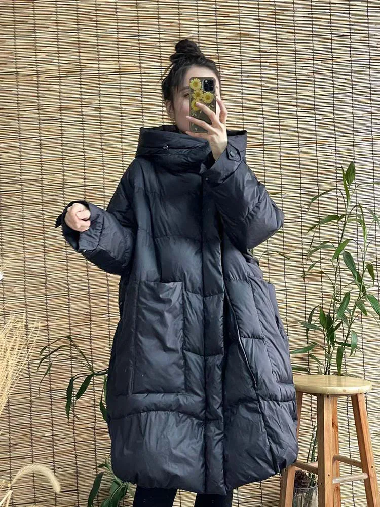 Schinteon Women White Duck Down Long Jacket with Hood Loose Over Size Coat Autumn Winter Warm Outwear Korean Style Big Pockets