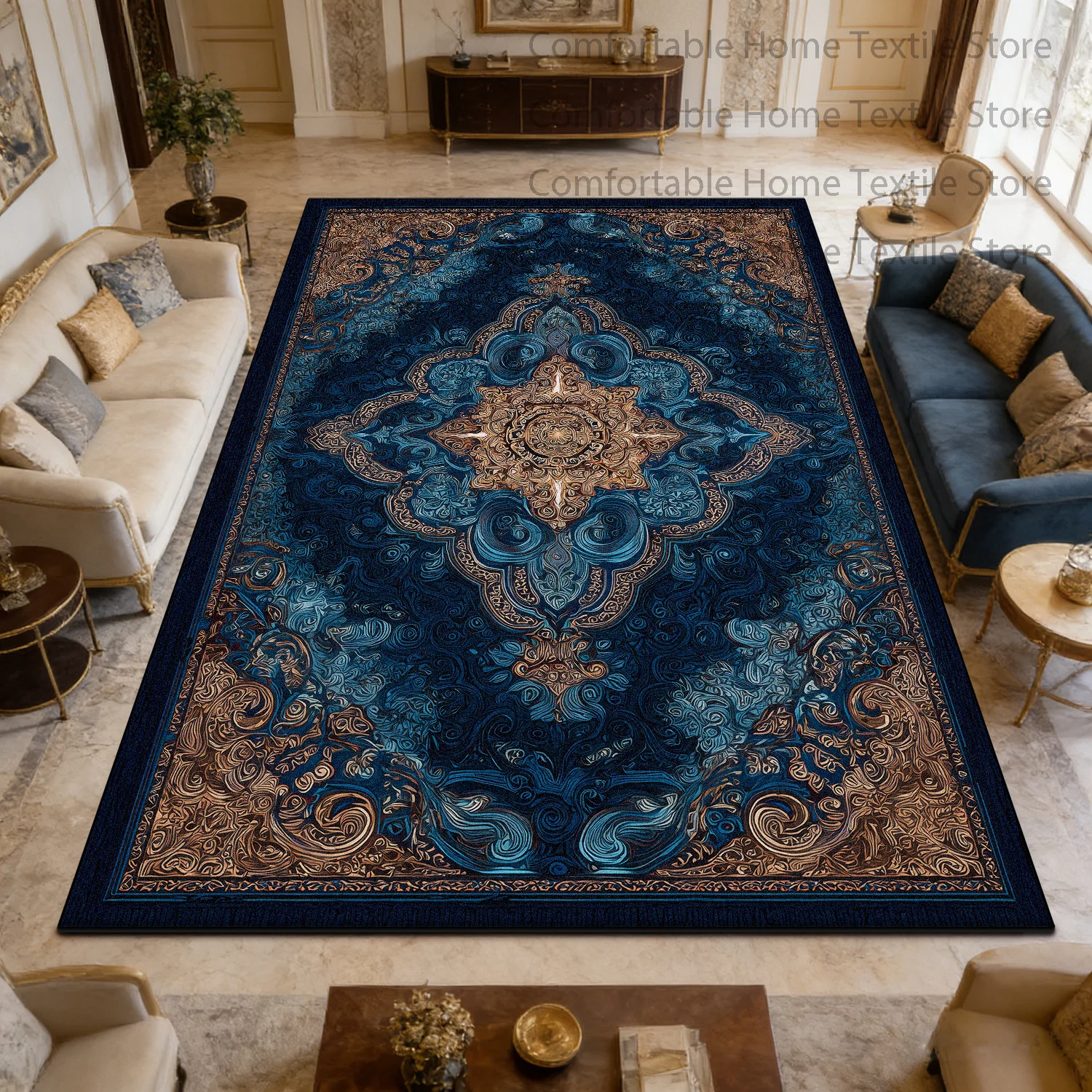 Blue European Rococo Style Washable Fluffy Carpet Decoration Living Room Luxury Antiskid Rug Large Area Short Velvet Floor Mats