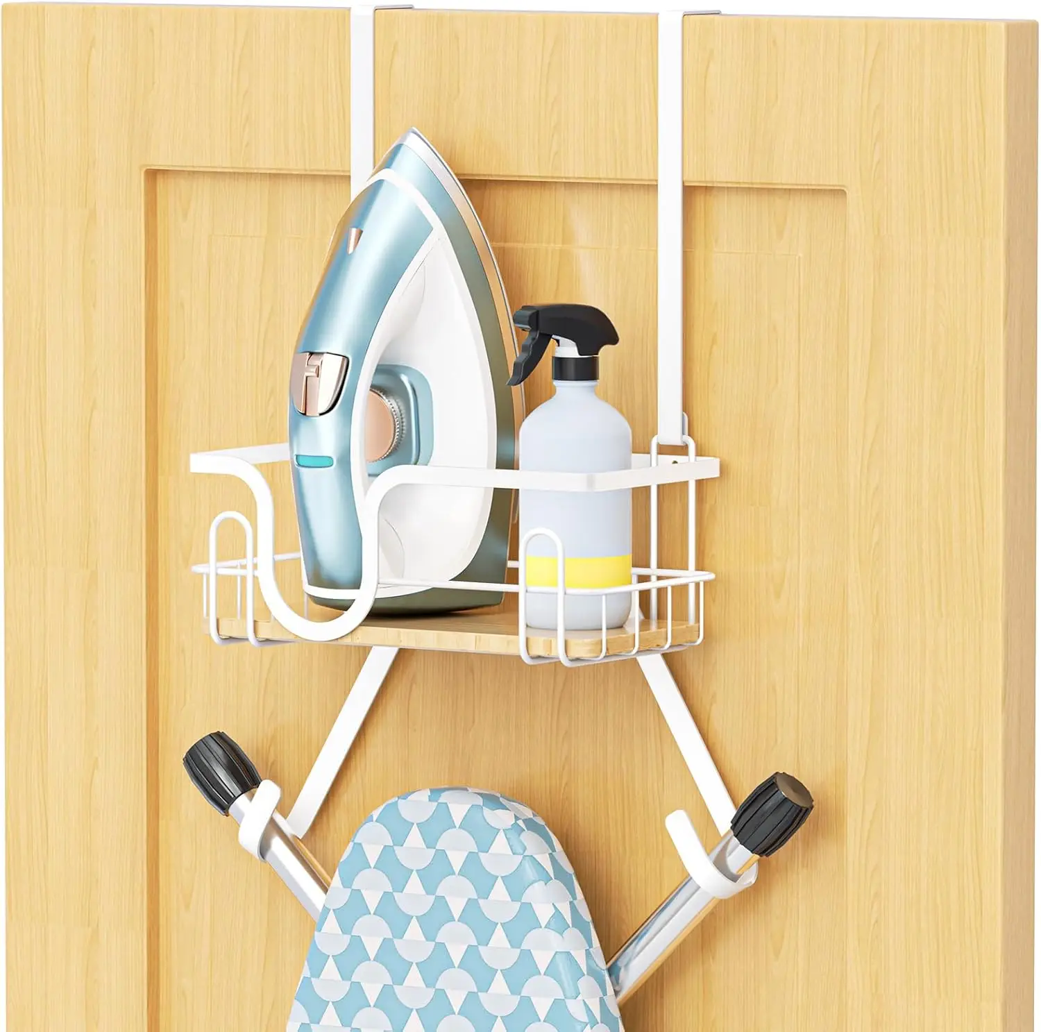 

Ironing Board Holder Wall Mount, Over The Door Ironing Board Hanger with Storage Basket, Iron Holder for Hotel Rooms, Ho