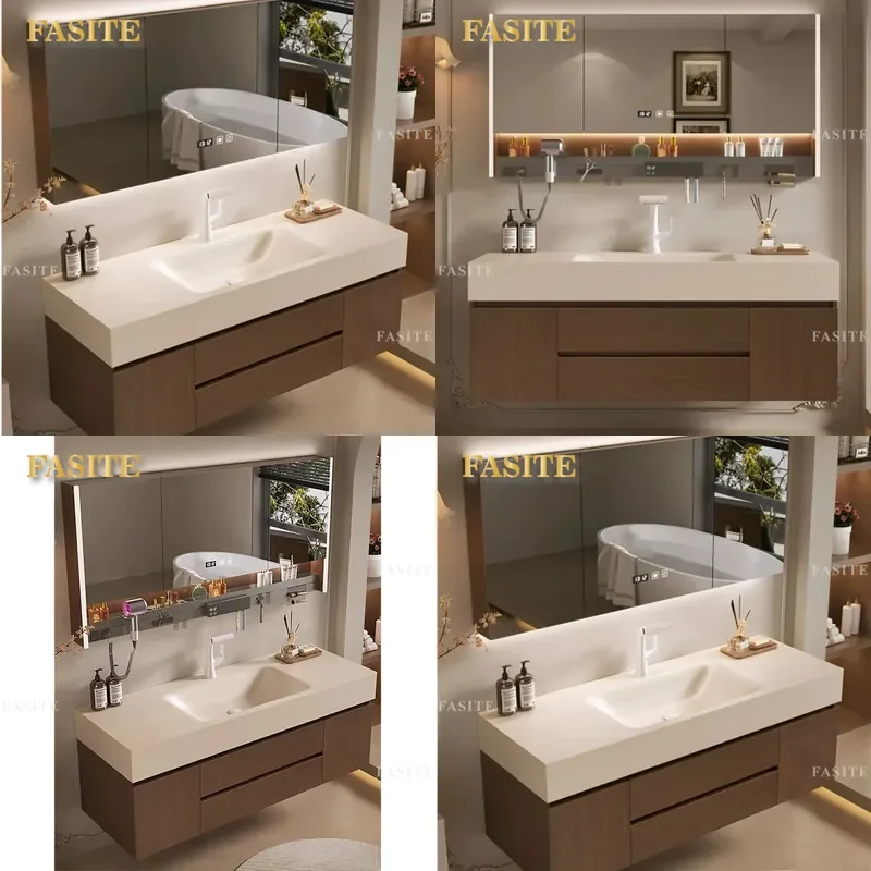 For Medieval Style Bathroom Cabinet Cream Rock Slab Hot Bending Integrated Basin Washbasin Combination Vanity Unit Modern