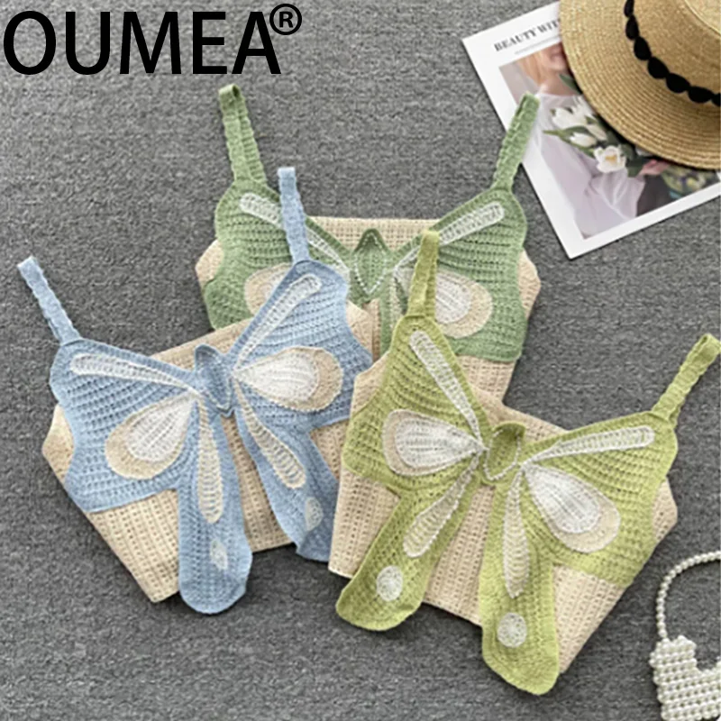 OUMEA Women Big Bow Tops Beads Embroidery Cute Crochet Crop Tops Summer Butterfly Beach Chic Tops For Women