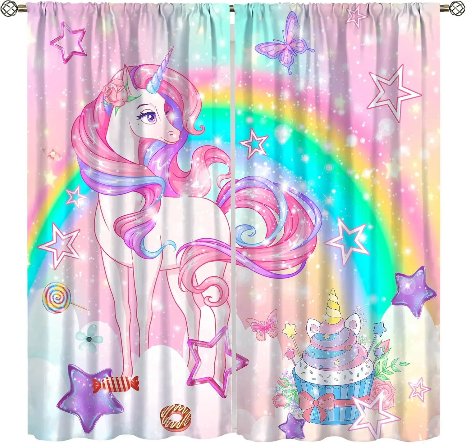 Unicorn Girls Curtains, Dream Ombre Rainbow Pink Gold Cake Stars Window Drapes for Kids Baby Nursery and Bedroom Decor
