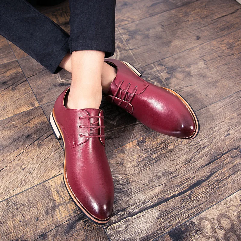 Red Casual Men\'s Leather Shoes Comfortable Lace-Up Dress Shoes Man Low-Cut Flat Social Shoes Male Caballero Shoes zapatos hombre