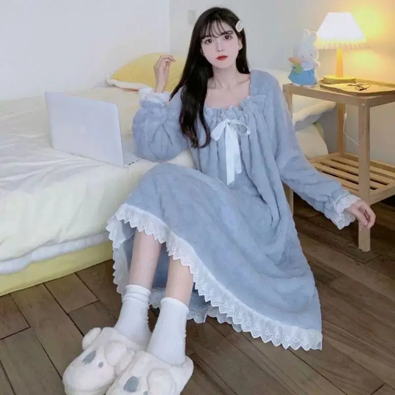 Lace Fleece Women Nightgown Bow Sleepwear Long Sleeves Nightwear Autumn Winter Night Dress New in One Piece Home Warm Pajamas