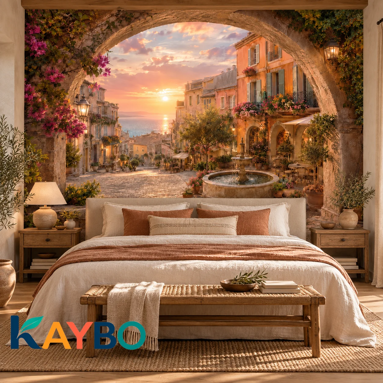 Mediterranean Village Wall Mural Sunset Coastal Street Scene Wallpaper Non Self Adhesive Living Room Bedroom Home Wall Decor Art