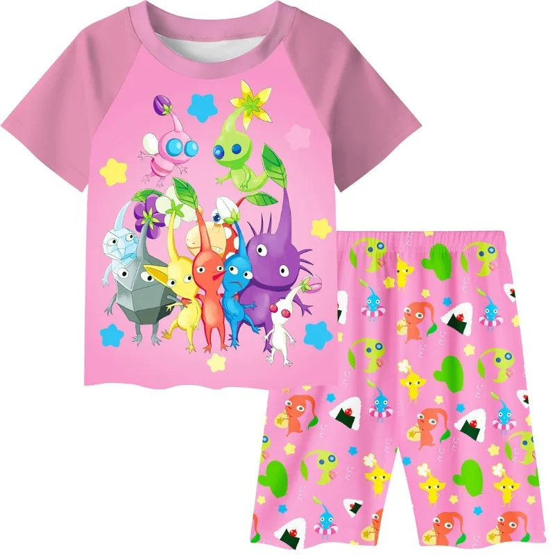 

Children's Pikmins Pajamas Boys and Girls Sleepwear T-shirt and Shorts Short-sleeved Suit Clothes Kids Pajamas Birthday Gift
