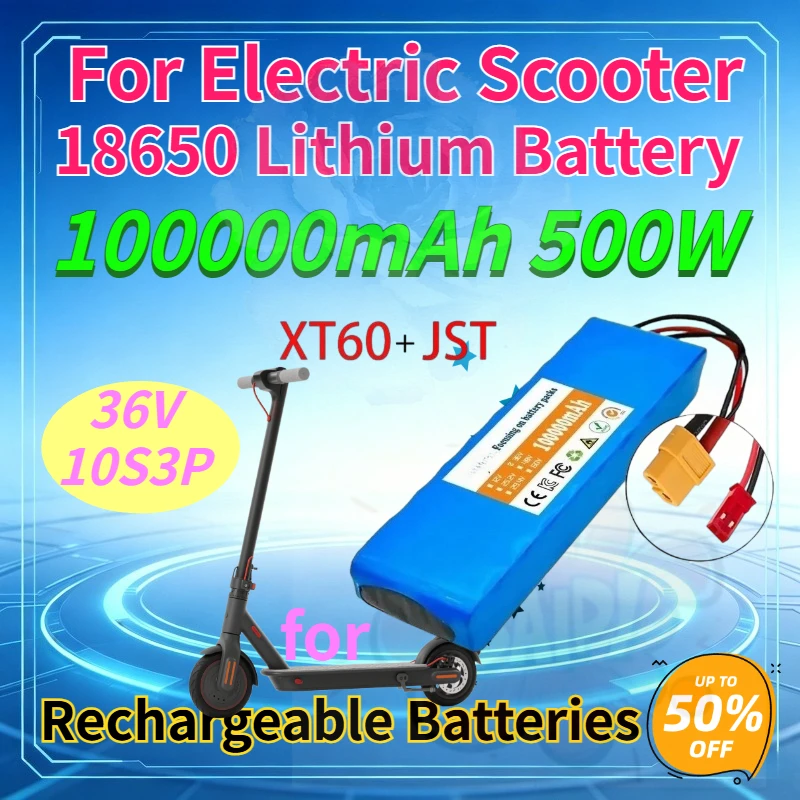 36V 100000mAh 10S3P 500W Lithium Battery Pack XT60+JST+Car Plug for Electric Scooter 18650 A-Grade Battery Cell High-Capacity