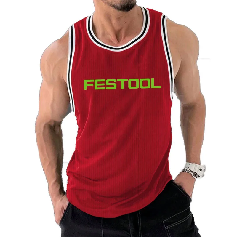 New sleeveless T-shirt gym summer menswear Festool tools print Outdoor fitness running men's vest men's fitness clothing