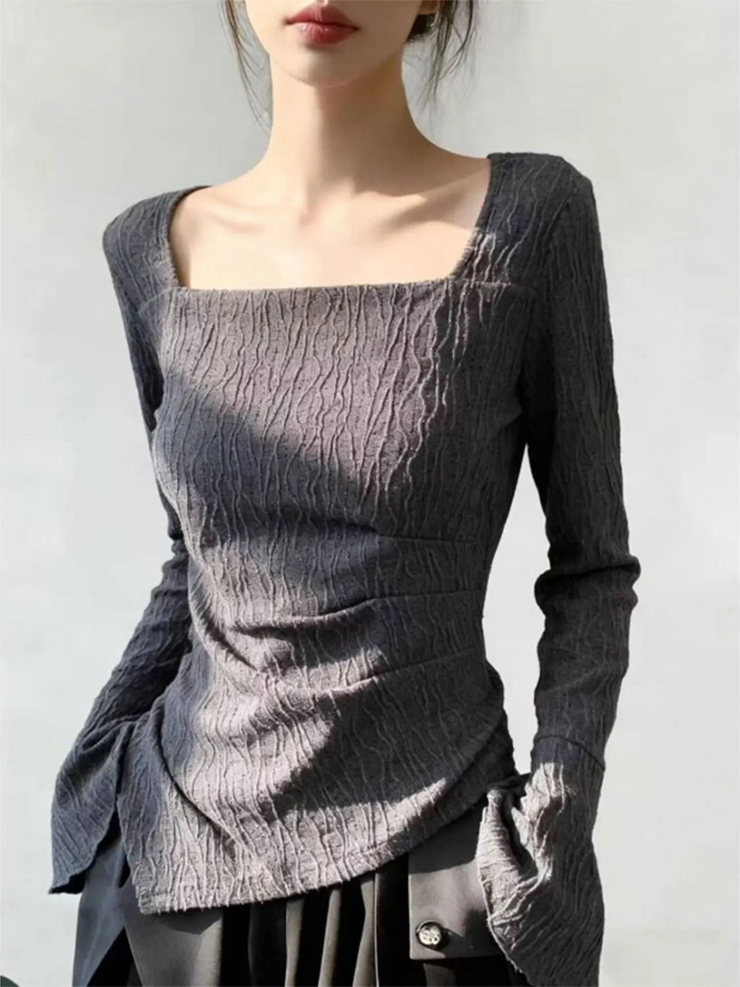 

Ele Long Sve Square Collar T-irt Women's Faionable Korean Sle Spring Commute Breathable Comfortable plus Size