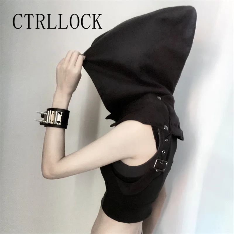 CTRLLOCK Ninja Black Sleeveless Hoodie For Women Punk Rivets  Zipper Straps Vest Cosplay Party Techwear Style