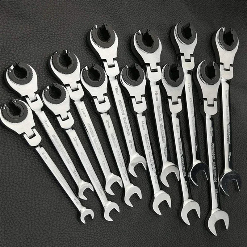 Ratcheting Wrench Set with Open Flex-head Metric Tubing Combination Wrench Set 8-30mm Tubing Ratchet Wrench