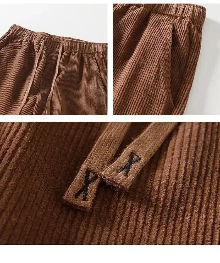 

Fall Winter Pants Men Japanese Retro Corduroy Pants Man Casual Pure Cotton Baggy Pants Drawstring Elastic Waist Straight Pants
